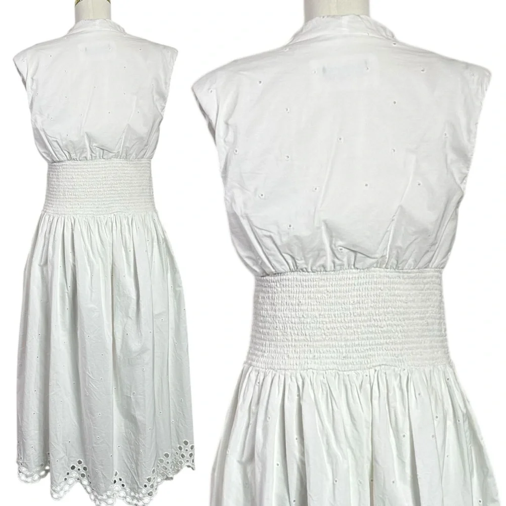 Anthropologie Maeve The Tommie Smocked Shirt Dress Eyelet Trim Zip Front Large - Picture 8 of 11